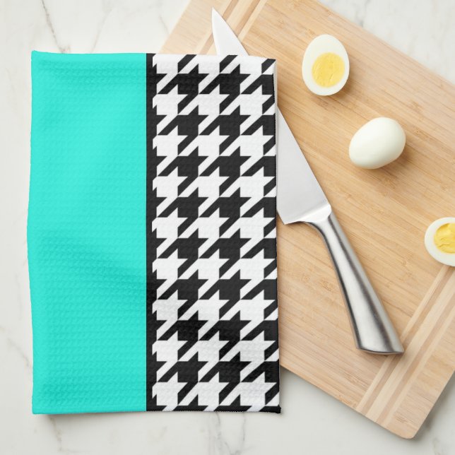 Houndstooth, teal, black, and white chequered tea towel (Quarter Fold)