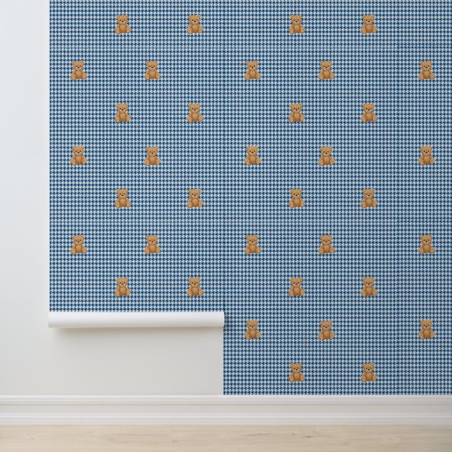 Houndstooth Teddy Home, Classic Blue, Wallpaper (Application)