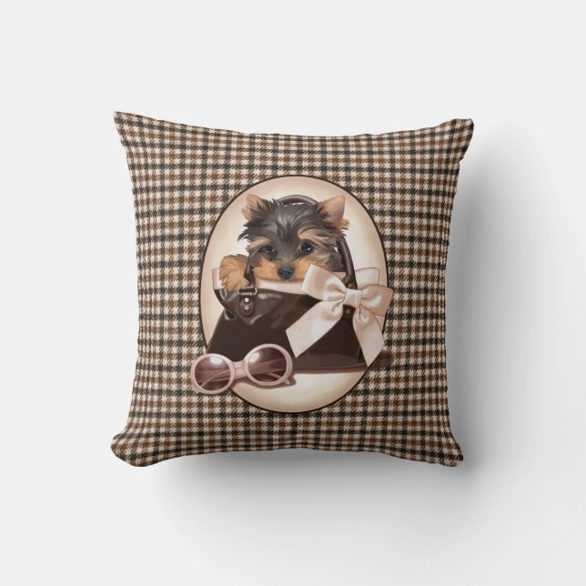 Houndstooth Yorkie Puppy Cushion (Front)