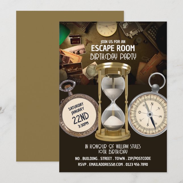 Hour Glass Design, Escape Room, Birthday Party Invitation (Front/Back)