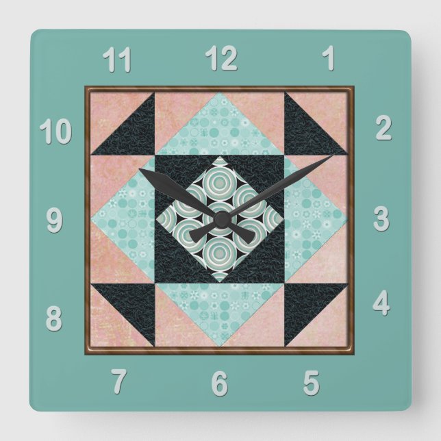 Hourglass Patch Quilt Block Turquoise & Peach Square Wall Clock (Front)
