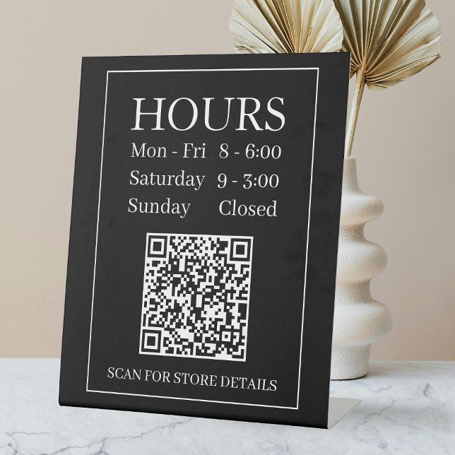 Hours Open Sign, Generate QR Code, White & Black Pedestal Sign (Creator Uploaded)