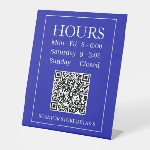 Hours Open Sign, Generate QR Code, White & Blue Pedestal Sign