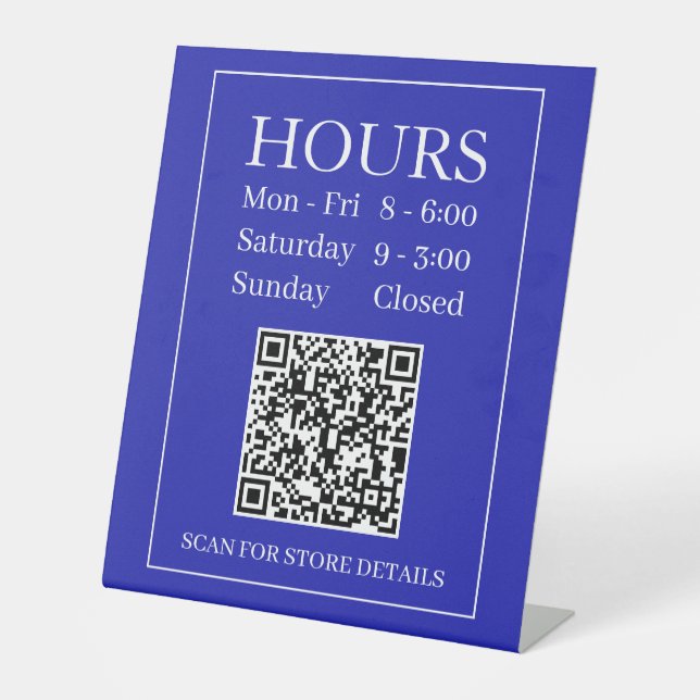 Hours Open Sign, Generate QR Code, White & Blue Pedestal Sign (Front)