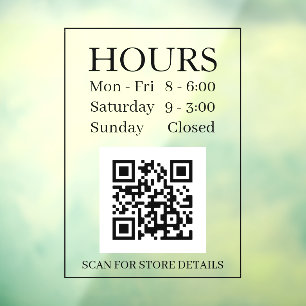 Hours Open Sign, QR Code, Message Black Text Window Cling
