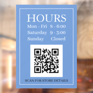 Hours Open Sign, QR Code, Message Blue Black White Window Cling