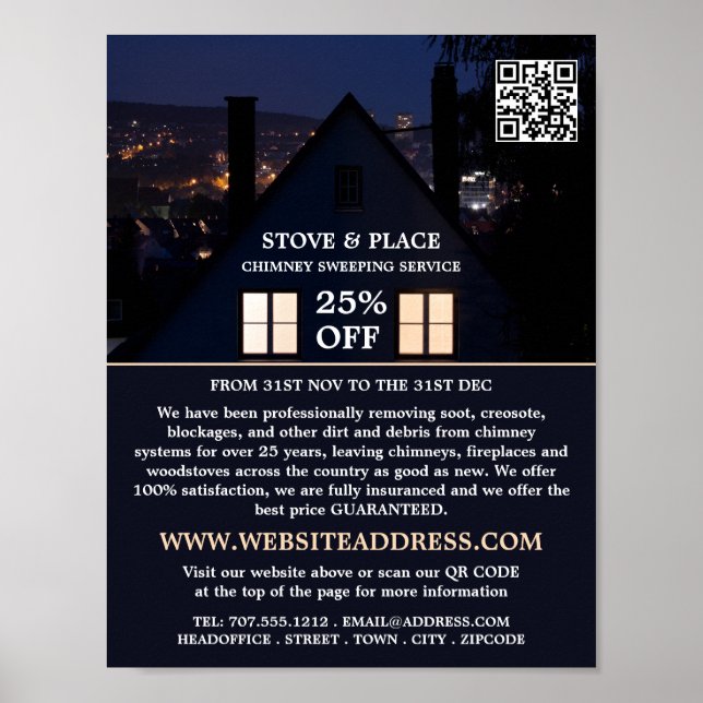 House at Night Portrait, Chimney Sweeping Service Poster (Front)