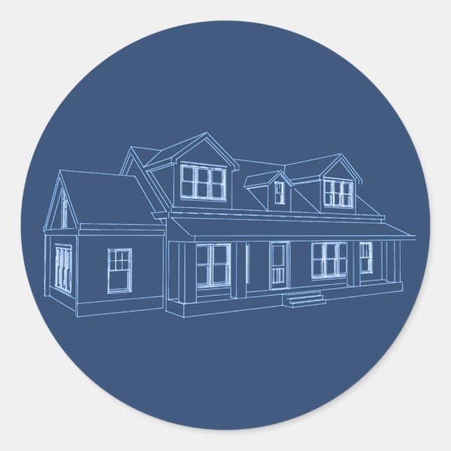House: Blue Print Drawing: Classic Round Sticker (Front)