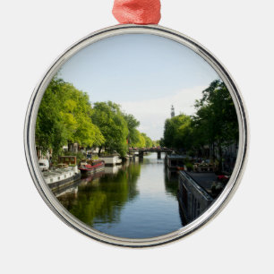 House Boats on Amsterdam Canal Metal Tree Decoration
