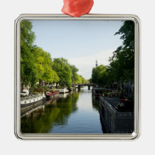 House Boats on Amsterdam Canal Metal Tree Decoration
