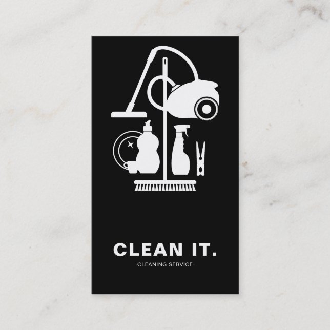 House Cleaner Black and White Cleaning Service Business Card (Front)