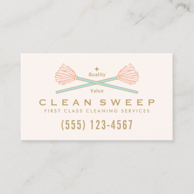 House Cleaner Cleaning Services Crossed Pink Mops Business Card (Front)