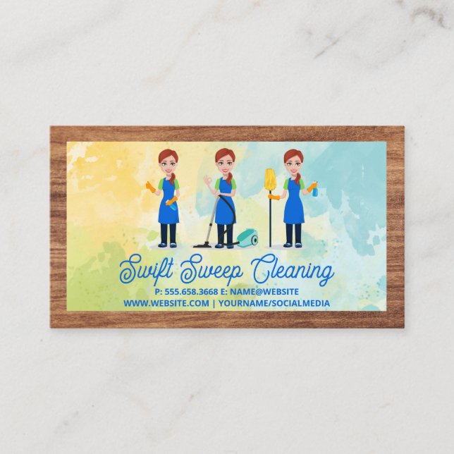 House Cleaner | Wood Frame | Watercolor Background Business Card (Front)