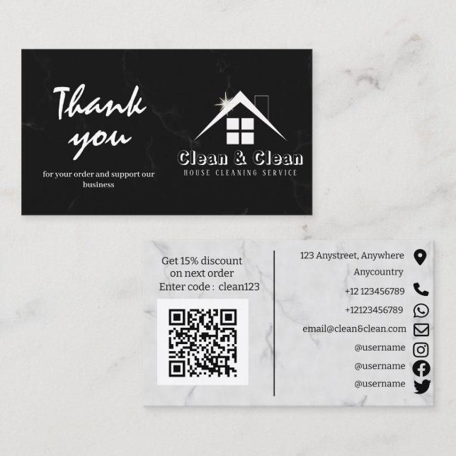 House Cleaning Black and White Marble Thank You Calling Card (Front/Back)
