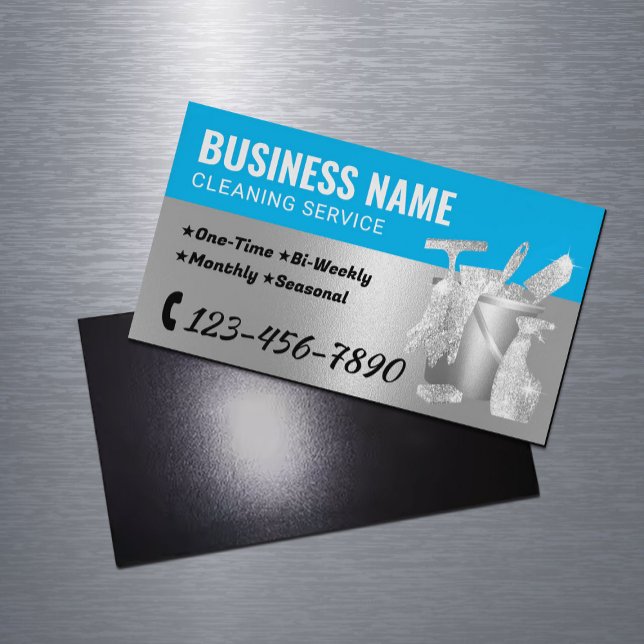 House Cleaning Blue & Silver Housekeeping Magnetic Business Card (Creator Uploaded)