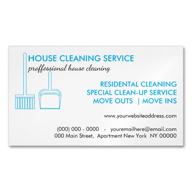 House Cleaning Broom Logo Blue Magnetic Business Card (Front)
