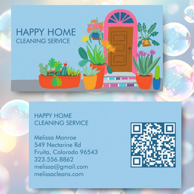 House Cleaning Cute Front Door Custom QR Code Business Card (Cute custom business cards with QR code. Hand drawn unique design with colorful front door and bloom)