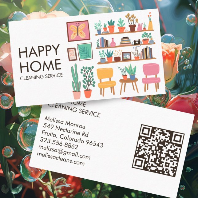 House Cleaning Cute Livingroom Art Custom QR Code Business Card (Adorable living room scene on these custom business cards with QR codes)