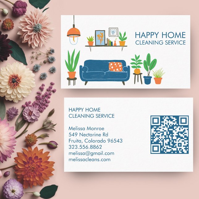 House Cleaning Cute Livingroom Art Custom QR Code Business Card (House Cleaning Cute Livingroom Art Custom QR Code Business Card
)