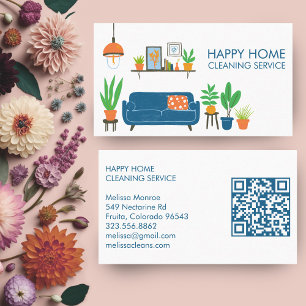 House Cleaning Cute Livingroom Art Custom QR Code Business Card