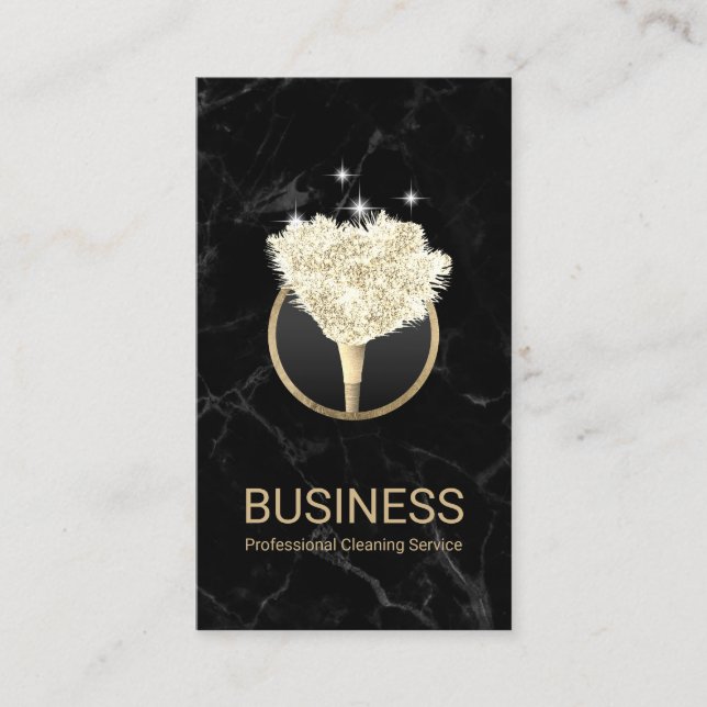 House Cleaning Gold Feather Duster Black Marble Business Card (Front)