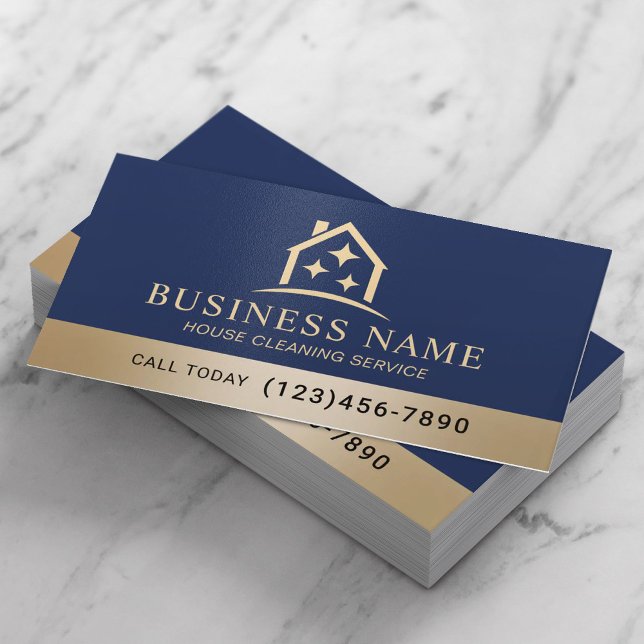 House Cleaning Home Service Navy Gold Housekeeping Business Card (Creator Uploaded)