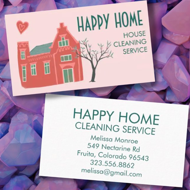 House Cleaning Home Services Charming Pink Green Business Card (Cute house double-sided custom cleaning service business card design)
