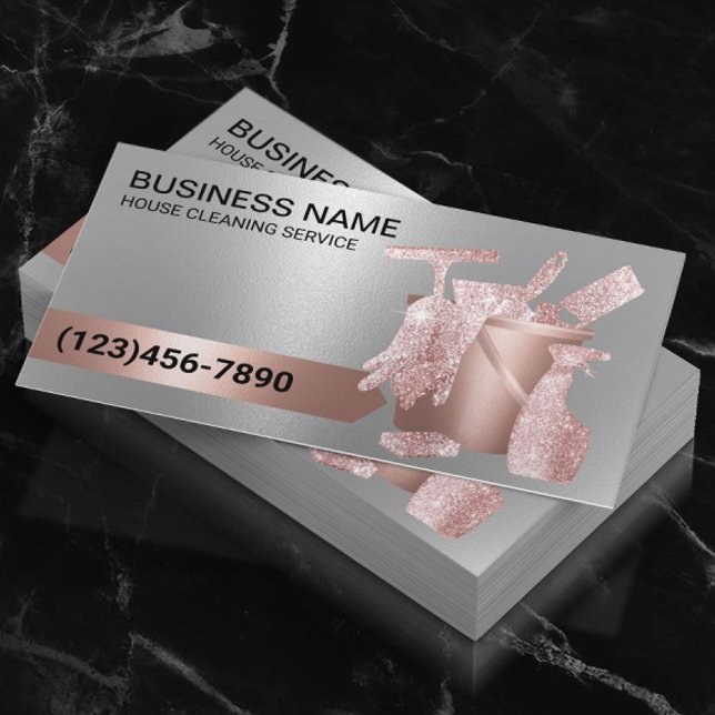 House Cleaning Housekeeping Chic Rose Gold Silver Business Card (Creator Uploaded)