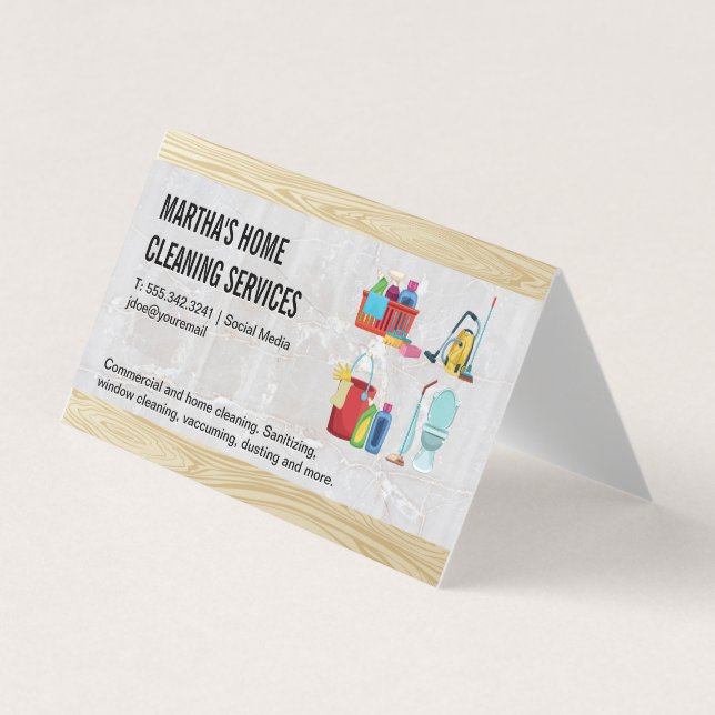 House Cleaning Icons | Mable Wood Background Business Card (Front)