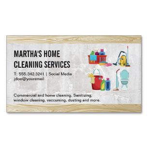House Cleaning Icons   Mable Wood Background Magnetic Business Card