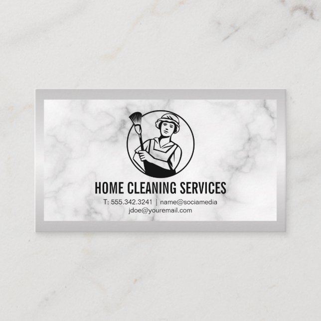 House Cleaning Logo | Marble | Metallic Border Business Card (Front)