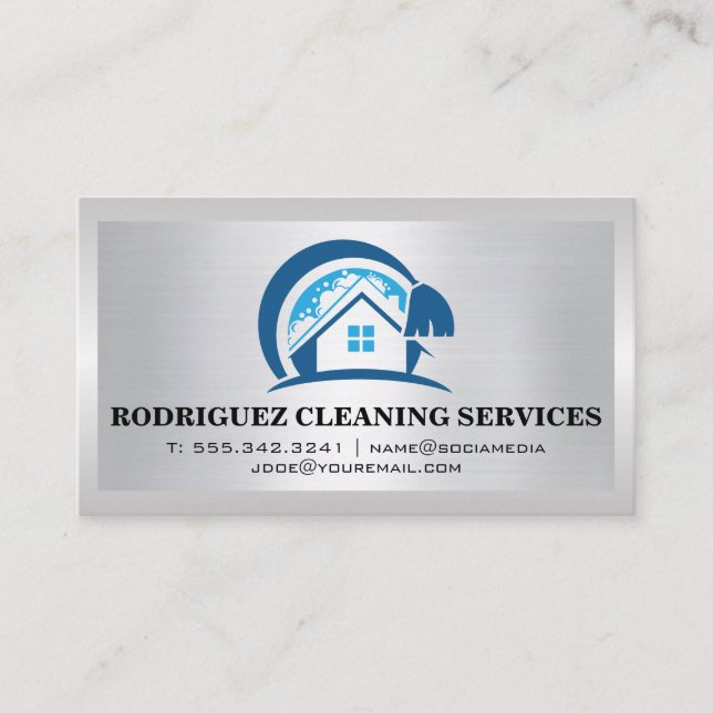 House Cleaning Logo | Steel Brushed Business Card (Front)