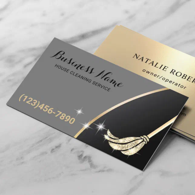 House Cleaning Maid Service Gold Glitter Mop Business Card Zazzle