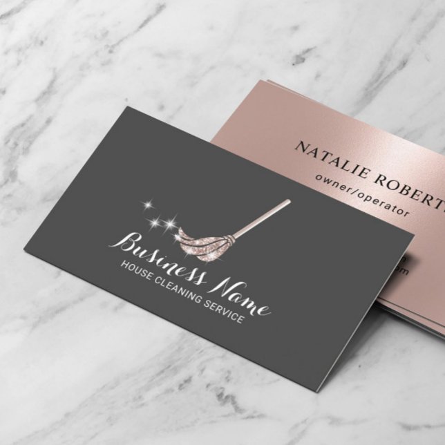 House Cleaning Maid Service Rose Gold Mop Logo Business Card (Creator Uploaded)
