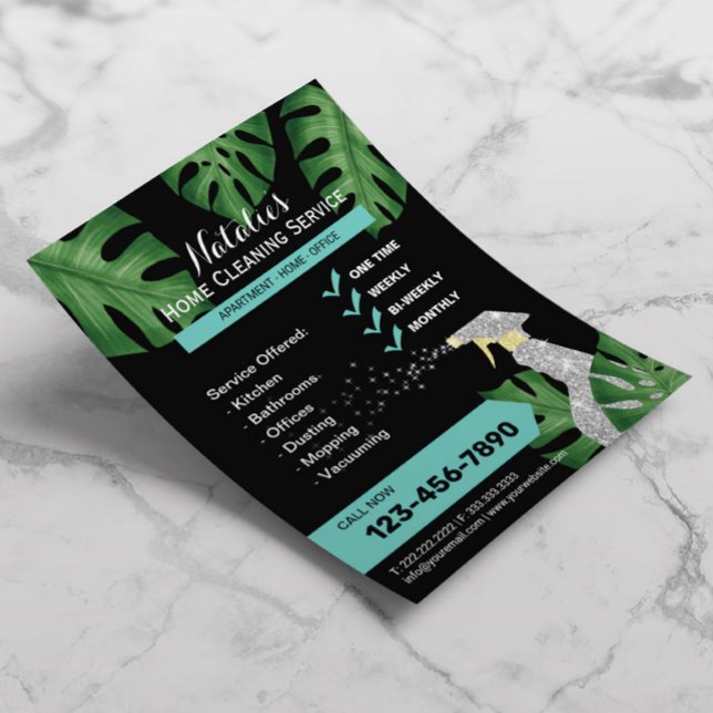 House Cleaning Maid Service Tropical Leaves Black Flyer (Creator Uploaded)