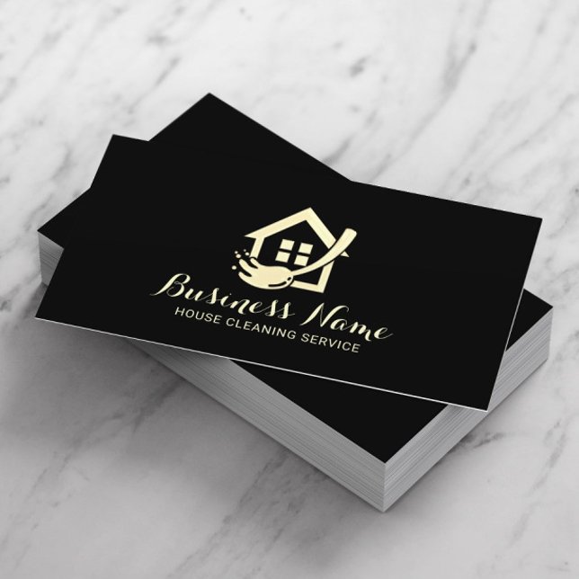 House Cleaning Modern Black & Gold Maid Service Business Card (Creator Uploaded)