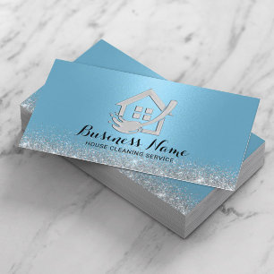 House Cleaning Modern Light Blue House & Mop Logo Business Card