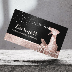 House Cleaning Modern Rose Gold Floral Spray Black Business Card