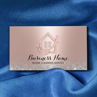 House Cleaning Modern Rose Gold House & Mop Logo Business Card