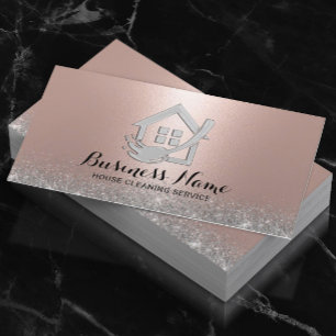 House Cleaning Modern Rose Gold & Silver Glitter Business Card