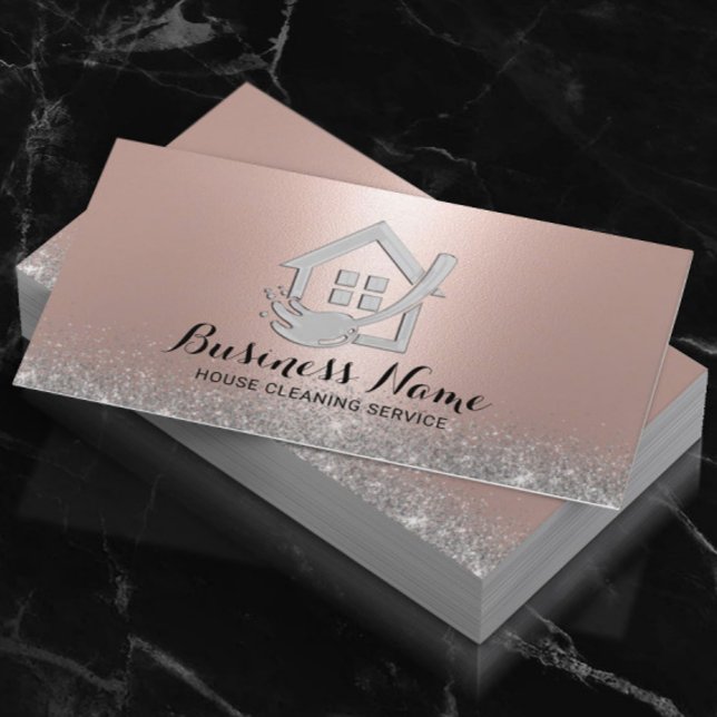 House Cleaning Modern Rose Gold & Silver Glitter Business Card (Creator Uploaded)