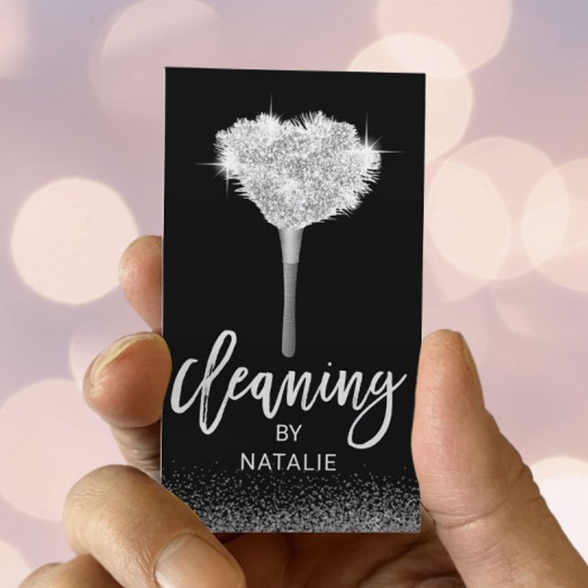 House Cleaning Modern Silver Maid Feather Duster Business Card (Creator Uploaded)