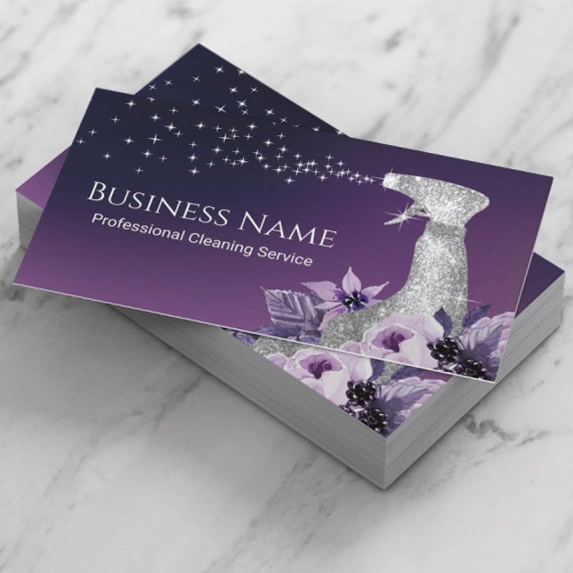 House Cleaning Modern Silver Spray Purple Floral  Business Card (Creator Uploaded)