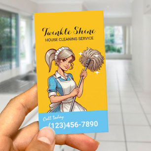 House Cleaning Retro Blue & Gold Maid Service Business Card