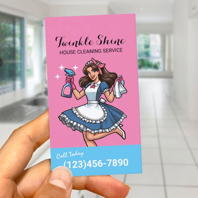 House Cleaning Retro Blue & Pink Maid Service #2 Business Card (Creator Uploaded)