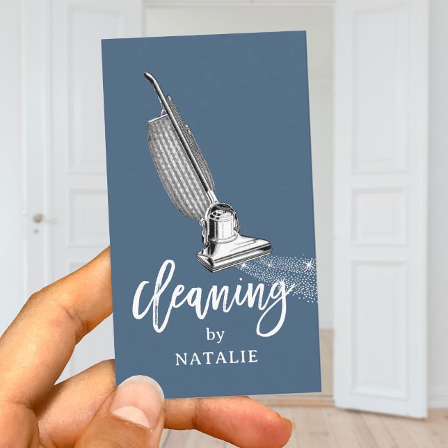 House Cleaning Retro Vacuum Cleaner Dusty Blue Business Card (Creator Uploaded)