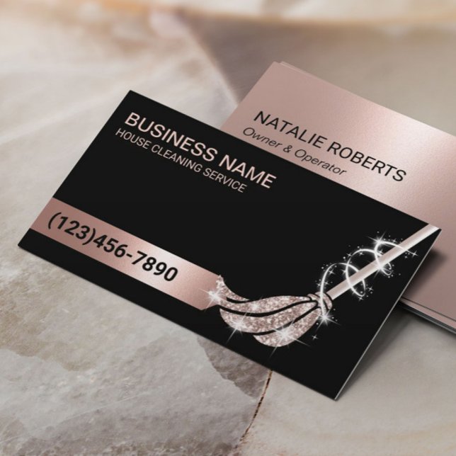 House Cleaning Rose Gold Glitter Mop Maid Service Business Card (Creator Uploaded)