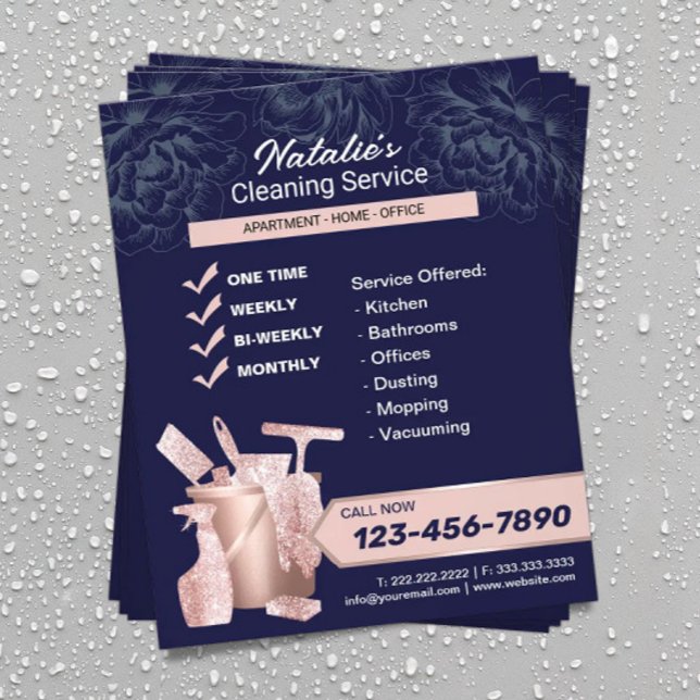 House Cleaning Rose Gold Housekeeping Navy Floral Flyer (Creator Uploaded)