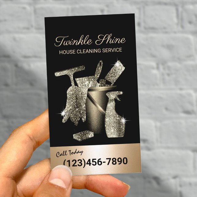 House Cleaning Service Black & Gold Housekeeping Business Card (Creator Uploaded)