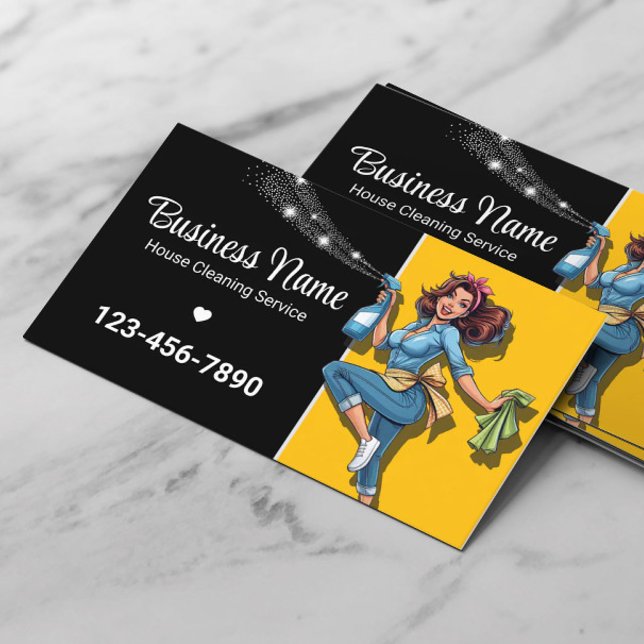 House Cleaning Service Black & Gold Retro Maid Business Card (Creator Uploaded)